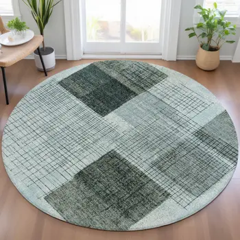 8' Teal Blue And Gray Round Geometric Washable Indoor Outdoor Area Rug