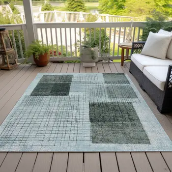 8' X 10' Teal Blue And Gray Geometric Washable Indoor Outdoor Area Rug