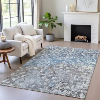 5' X 8' Blue And Gray Abstract Washable Indoor Outdoor Area Rug