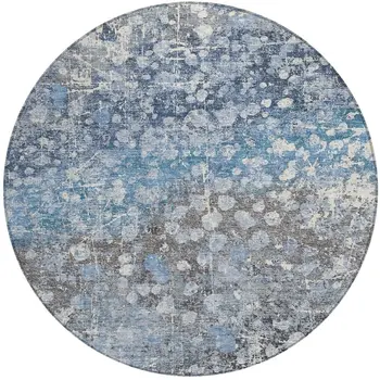 8' Blue And Gray Round Abstract Washable Indoor Outdoor Area Rug