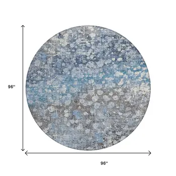 8' Blue And Gray Round Abstract Washable Indoor Outdoor Area Rug