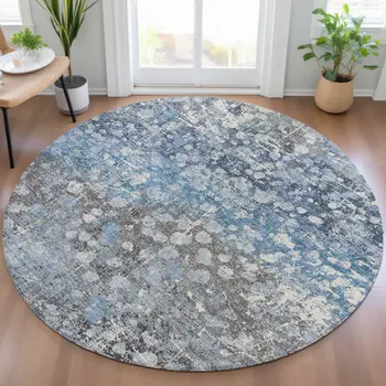 8' Blue And Gray Round Abstract Washable Indoor Outdoor Area Rug