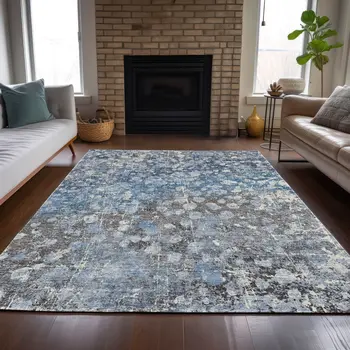 8' X 10' Blue And Gray Abstract Washable Indoor Outdoor Area Rug
