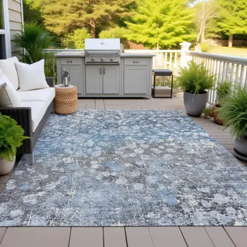 10' X 14' Blue And Gray Abstract Washable Indoor Outdoor Area Rug