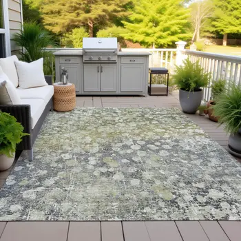 3' X 5' Olive Green And Gray Abstract Washable Indoor Outdoor Area Rug