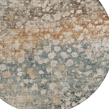8' Beige And Copper Round Abstract Washable Indoor Outdoor Area Rug