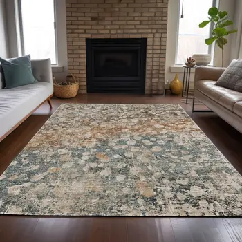9' X 12' Beige And Copper Abstract Washable Indoor Outdoor Area Rug
