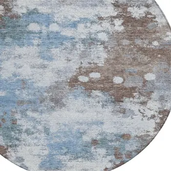 8' Brown And Sky Blue Round Abstract Washable Indoor Outdoor Area Rug