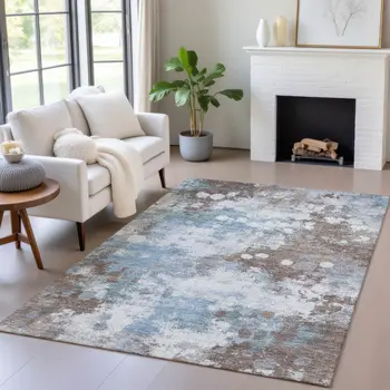 8' X 10' Brown And Sky Blue Abstract Washable Indoor Outdoor Area Rug