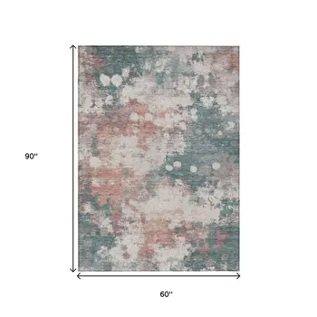 5' X 8' Coral And Teal Blue Abstract Washable Indoor Outdoor Area Rug