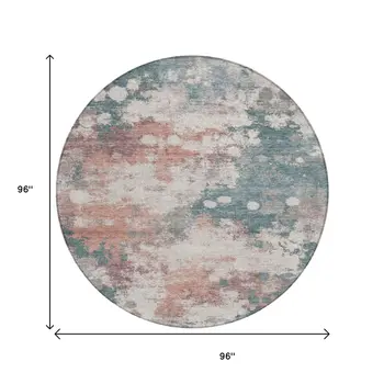 8' Coral And Teal Blue Round Abstract Washable Indoor Outdoor Area Rug