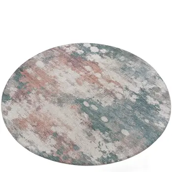 8' Coral And Teal Blue Round Abstract Washable Indoor Outdoor Area Rug