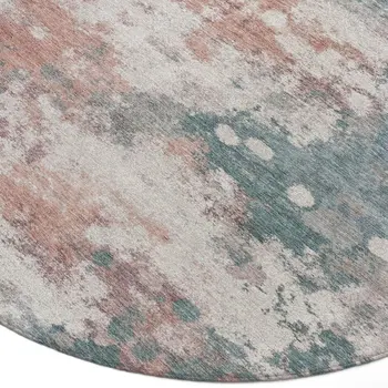 8' Coral And Teal Blue Round Abstract Washable Indoor Outdoor Area Rug