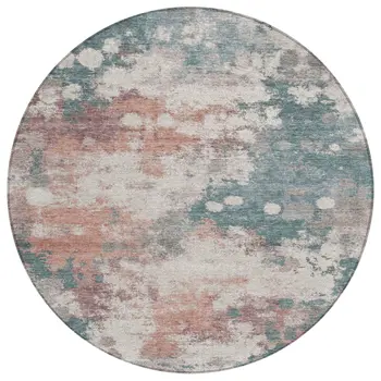 8' Coral And Teal Blue Round Abstract Washable Indoor Outdoor Area Rug