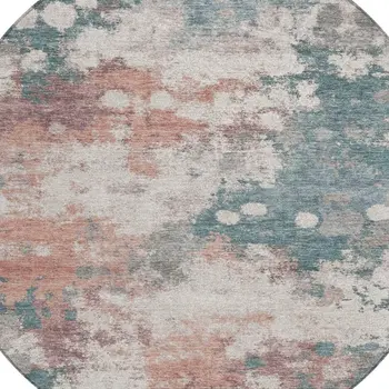 8' Coral And Teal Blue Round Abstract Washable Indoor Outdoor Area Rug
