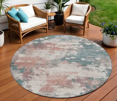 8' Coral And Teal Blue Round Abstract Washable Indoor Outdoor Area Rug