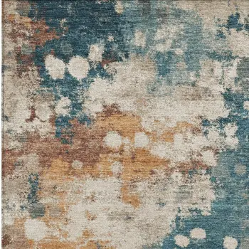 3' X 5' Teal Blue And Copper Abstract Washable Indoor Outdoor Area Rug