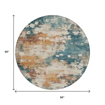 8' Teal Blue And Copper Round Abstract Washable Indoor Outdoor Area Rug