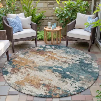 8' Teal Blue And Copper Round Abstract Washable Indoor Outdoor Area Rug