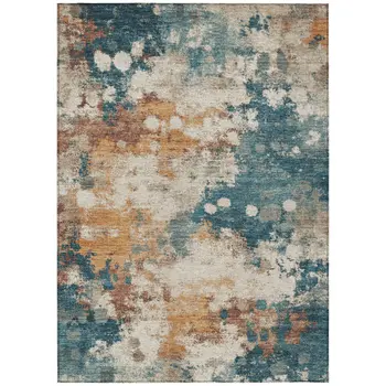 8' X 10' Teal Blue And Copper Abstract Washable Indoor Outdoor Area Rug