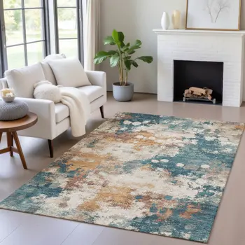9' X 12' Teal Blue And Copper Abstract Washable Indoor Outdoor Area Rug