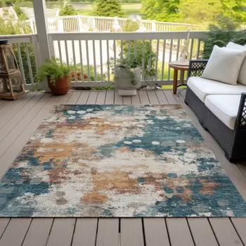 9' X 12' Teal Blue And Copper Abstract Washable Indoor Outdoor Area Rug