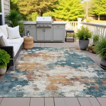 10' X 14' Teal Blue And Copper Abstract Washable Indoor Outdoor Area Rug