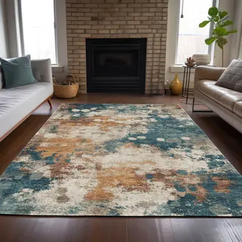 10' X 14' Teal Blue And Copper Abstract Washable Indoor Outdoor Area Rug