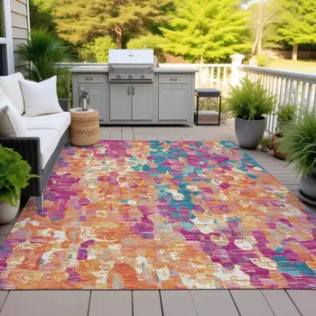 5' X 8' Blush Orange And Teal Blue Abstract Washable Indoor Outdoor Area Rug