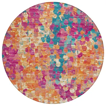 8' Blush Orange And Teal Blue Round Abstract Washable Indoor Outdoor Area Rug