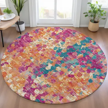 8' Blush Orange And Teal Blue Round Abstract Washable Indoor Outdoor Area Rug