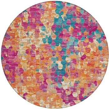 8' Blush Orange And Teal Blue Round Abstract Washable Indoor Outdoor Area Rug