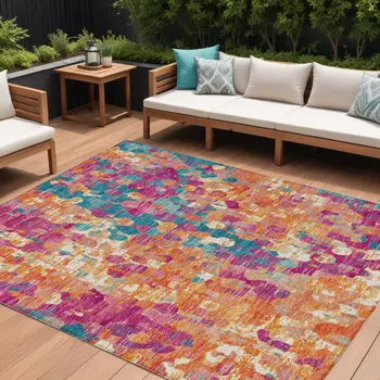 8' X 10' Blush Orange And Teal Blue Abstract Washable Indoor Outdoor Area Rug