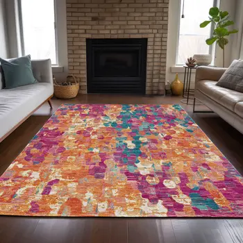 9' X 12' Blush Orange And Teal Blue Abstract Washable Indoor Outdoor Area Rug
