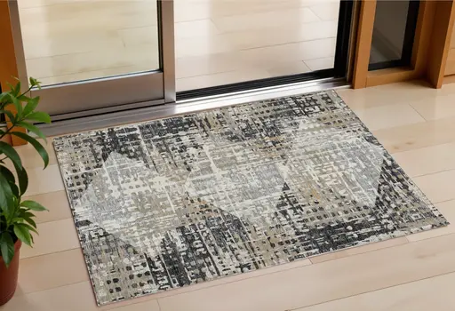 3' X 5' Black And Ivory Geometric Washable Indoor Outdoor Area Rug