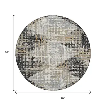 8' Black And Ivory Round Geometric Washable Indoor Outdoor Area Rug