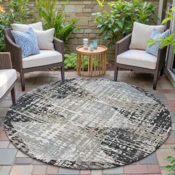 8' Black And Ivory Round Geometric Washable Indoor Outdoor Area Rug