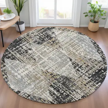 8' Black And Ivory Round Geometric Washable Indoor Outdoor Area Rug