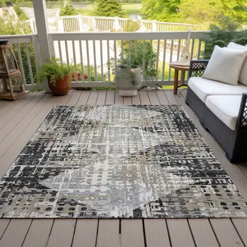 8' X 10' Black And Ivory Geometric Washable Indoor Outdoor Area Rug