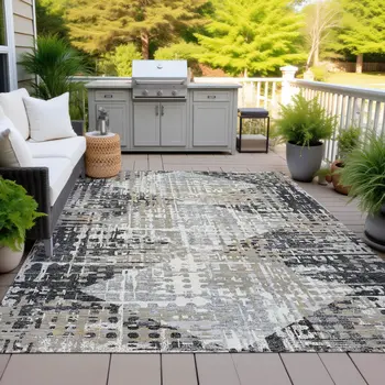 10' X 14' Black And Ivory Geometric Washable Indoor Outdoor Area Rug