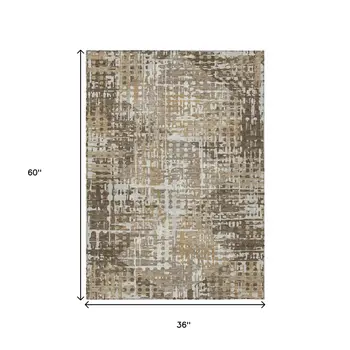 3' X 5' Brown And Ivory Geometric Washable Indoor Outdoor Area Rug