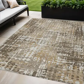5' X 8' Brown And Ivory Geometric Washable Indoor Outdoor Area Rug