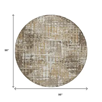 8' Brown And Ivory Round Geometric Washable Indoor Outdoor Area Rug