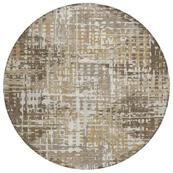 8' Brown And Ivory Round Geometric Washable Indoor Outdoor Area Rug