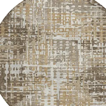 8' Brown And Ivory Round Geometric Washable Indoor Outdoor Area Rug