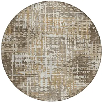8' Brown And Ivory Round Geometric Washable Indoor Outdoor Area Rug