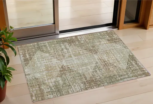 3' X 5' Fern Green And Beige Geometric Washable Indoor Outdoor Area Rug