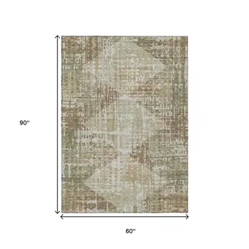5' X 8' Fern Green And Beige Geometric Washable Indoor Outdoor Area Rug