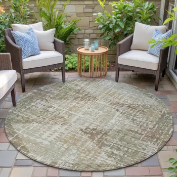 8' Fern Green And Beige Round Geometric Washable Indoor Outdoor Area Rug