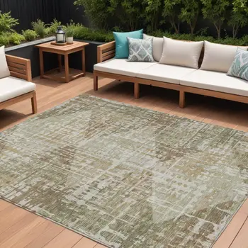 9' X 12' Fern Green And Beige Geometric Washable Indoor Outdoor Area Rug